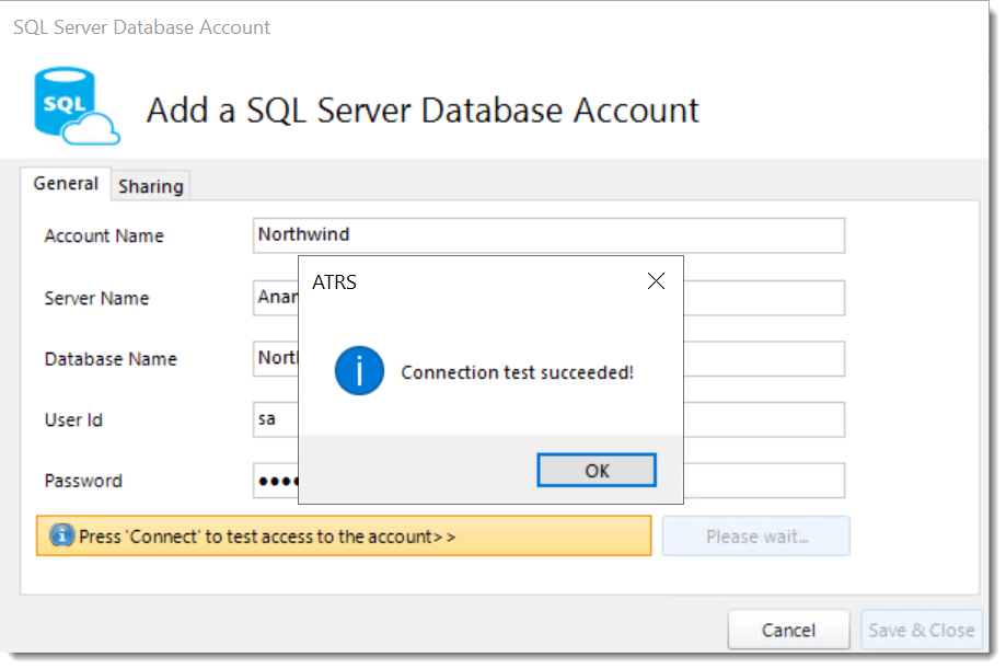How do I add an SQL Server account in ATRS?