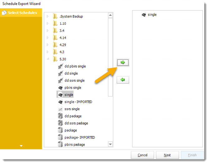 PBRS Schedule Export Wizard showing a schedule selected for migration using the REST API.