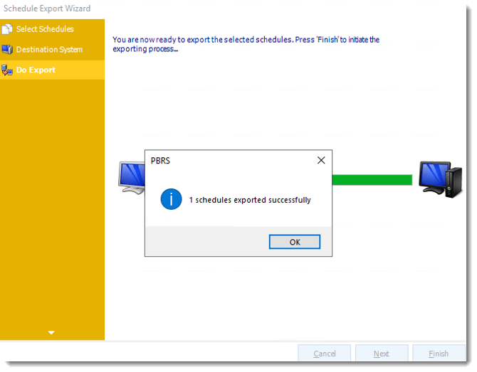 PBRS Schedule Export Wizard displaying confirmation that one schedule was exported successfully.