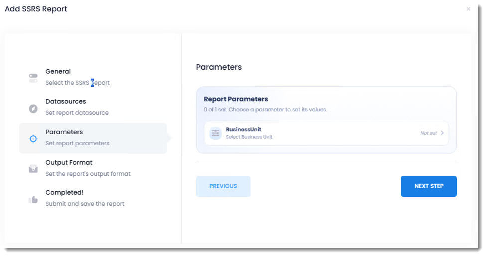 PBRS Web Application Add SSRS Report wizard showing the BusinessUnit parameter in the Parameters section, with its value currently marked Not set.