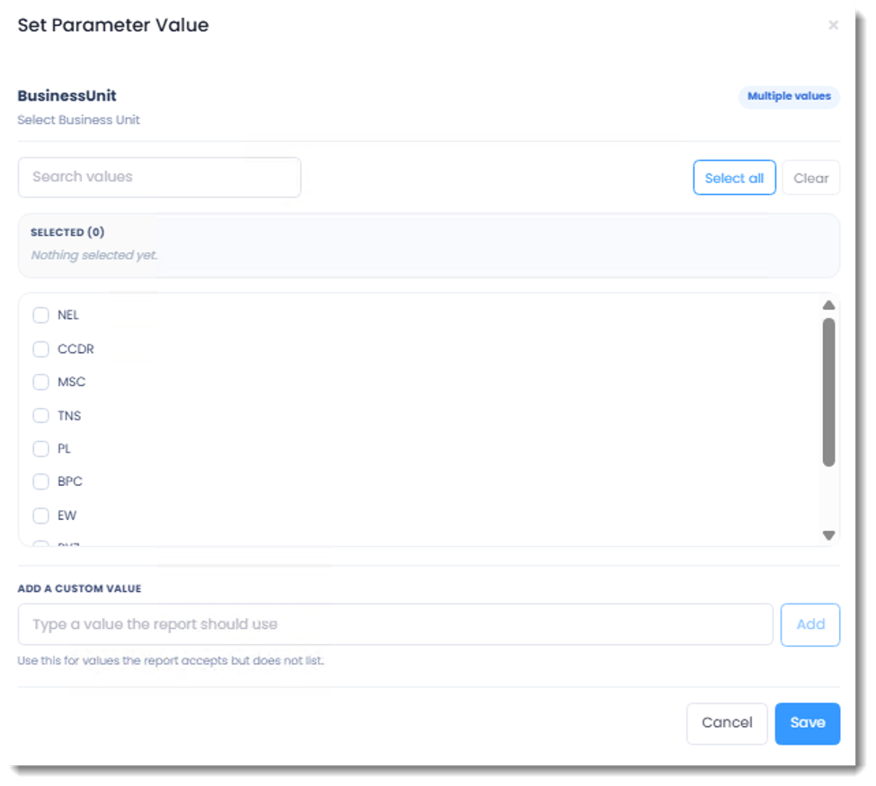 PBRS Web Application Set Parameter Value window showing the BusinessUnit parameter, available values, multiple-value selection, search, custom value entry, and Save button.