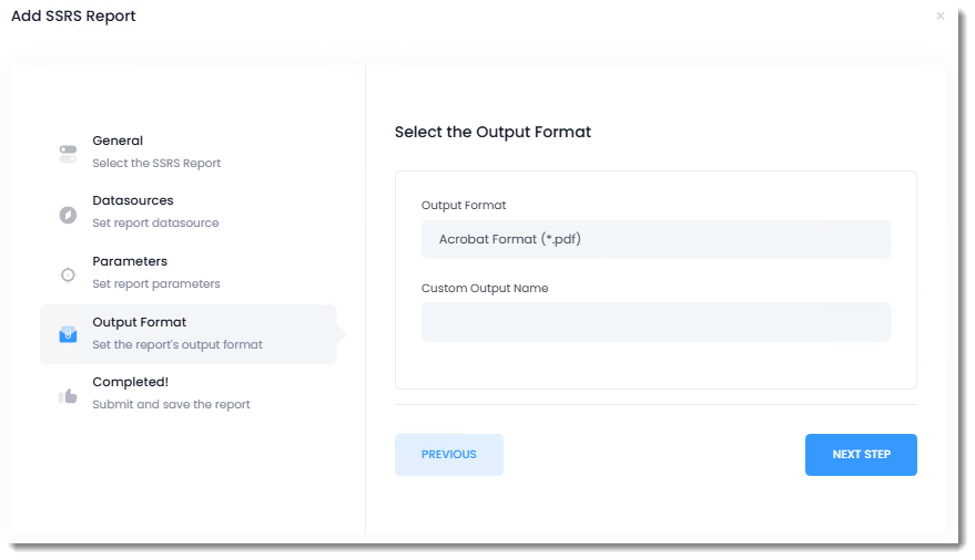 PBRS Web Application Add SSRS Report wizard showing the Output Format section with Acrobat Format (.pdf) selected and the Custom Output Name field.