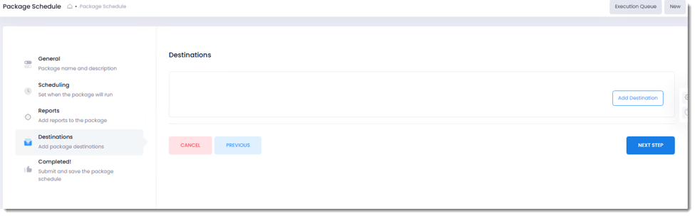 PBRS Web Application Add Destination window showing the options used to configure delivery destinations for an SSRS Package Schedule