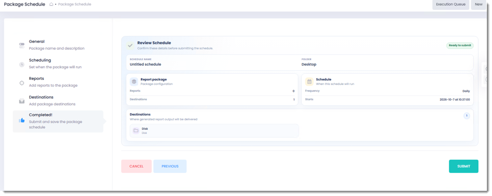 PBRS Web Application Package Schedule Review screen showing the schedule name, folder, report count, destinations, scheduling frequency, and Submit button