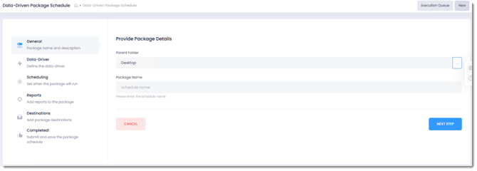 PBRS Web Application Data-Driven Package Schedule General screen showing the Parent Folder, Package Name, and Next Step button.