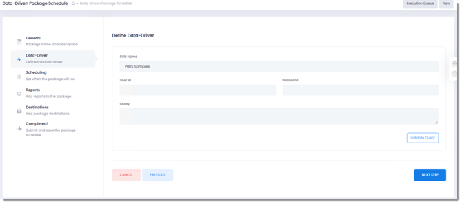 PBRS Web Application Data-Driven Package Schedule Data-Driver screen showing DSN Name, User Id, Password, Query, and Validate Query.