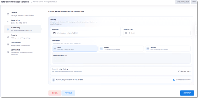 PBRS Web Application Data-Driven Package Schedule Scheduling screen showing the Start Date, Schedule Time, Daily, Weekly and Monthly frequency options, Repeat During the Day, and Enable this schedule.
