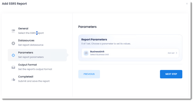 PBRS Web Application Add SSRS Report wizard showing the BusinessUnit parameter in the Parameters section, currently marked Not set.