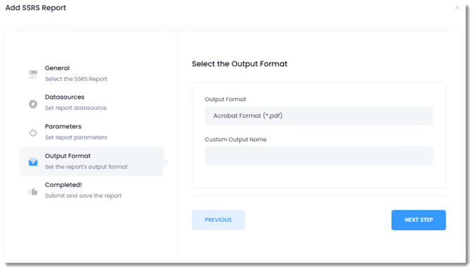 PBRS Web Application Add SSRS Report wizard showing the Output Format section with Acrobat Format (.pdf) selected and the Custom Output Name field.*