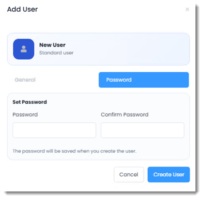 PBRS Web Application Add User window showing the Password tab with Password, Confirm Password, and Create User fields.