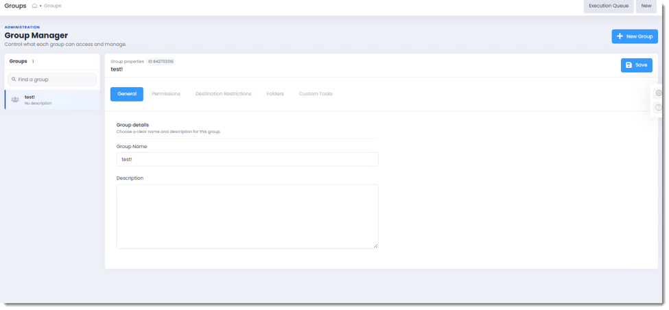 PBRS Web Application Group Manager showing the General tab, Group Name, Description, New Group button, and group configuration tabs.