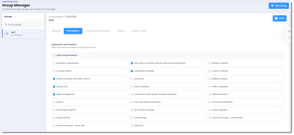 PBRS Web Application Group Manager Permissions tab showing application permission checkboxes for schedule management, execution, system administration, and user access.