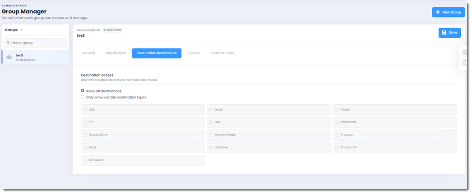 PBRS Web Application Group Manager Destination Restrictions tab showing options to allow all destinations or restrict access to specific delivery types.