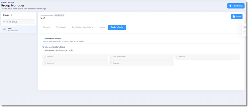 PBRS Web Application Group Manager Custom Tasks tab showing options to allow all custom tasks or restrict access to General, Files and Folders, Internet, Database, and Registry categories.