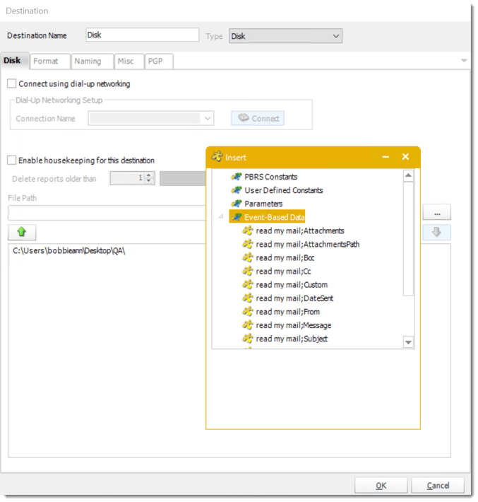 pbrs disk destination