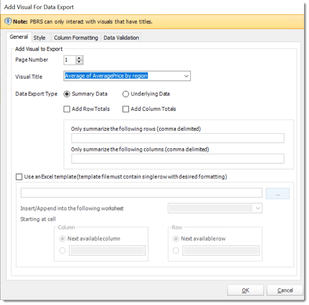 pbrs excel data only general