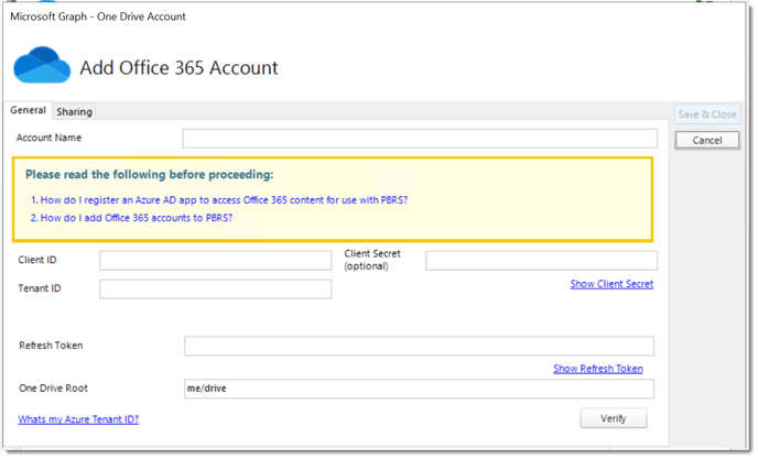 pbrs office 365 add account