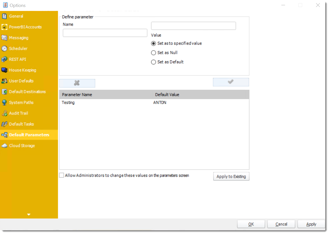 How do I setup read-only Default Parameter values for SSRS reports in PBRS?