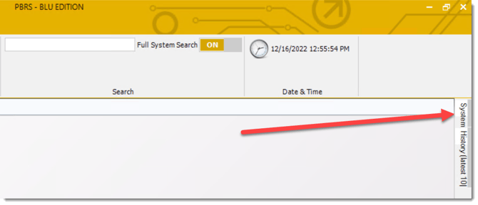 PBRS Full Scheduler Agent showing Full System Search, Date and Time, and System History