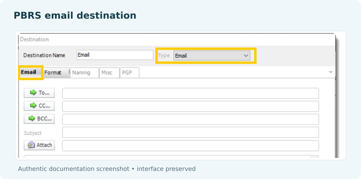 PBRS Email destination controls for To, CC, BCC, subject and attachments.