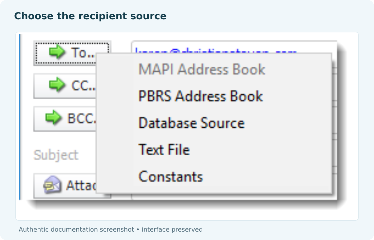 PBRS To menu offering MAPI Address Book, PBRS Address Book, Database Source, Text File and Constants.