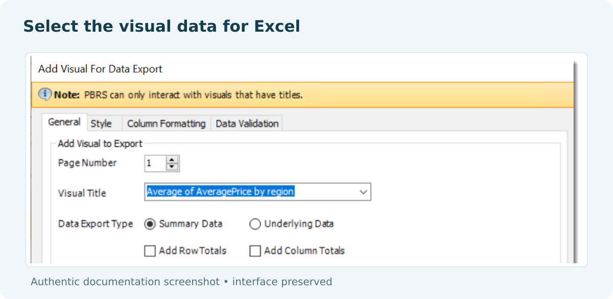 PBRS visual-data options showing Visual Title and summarized or underlying data choices.