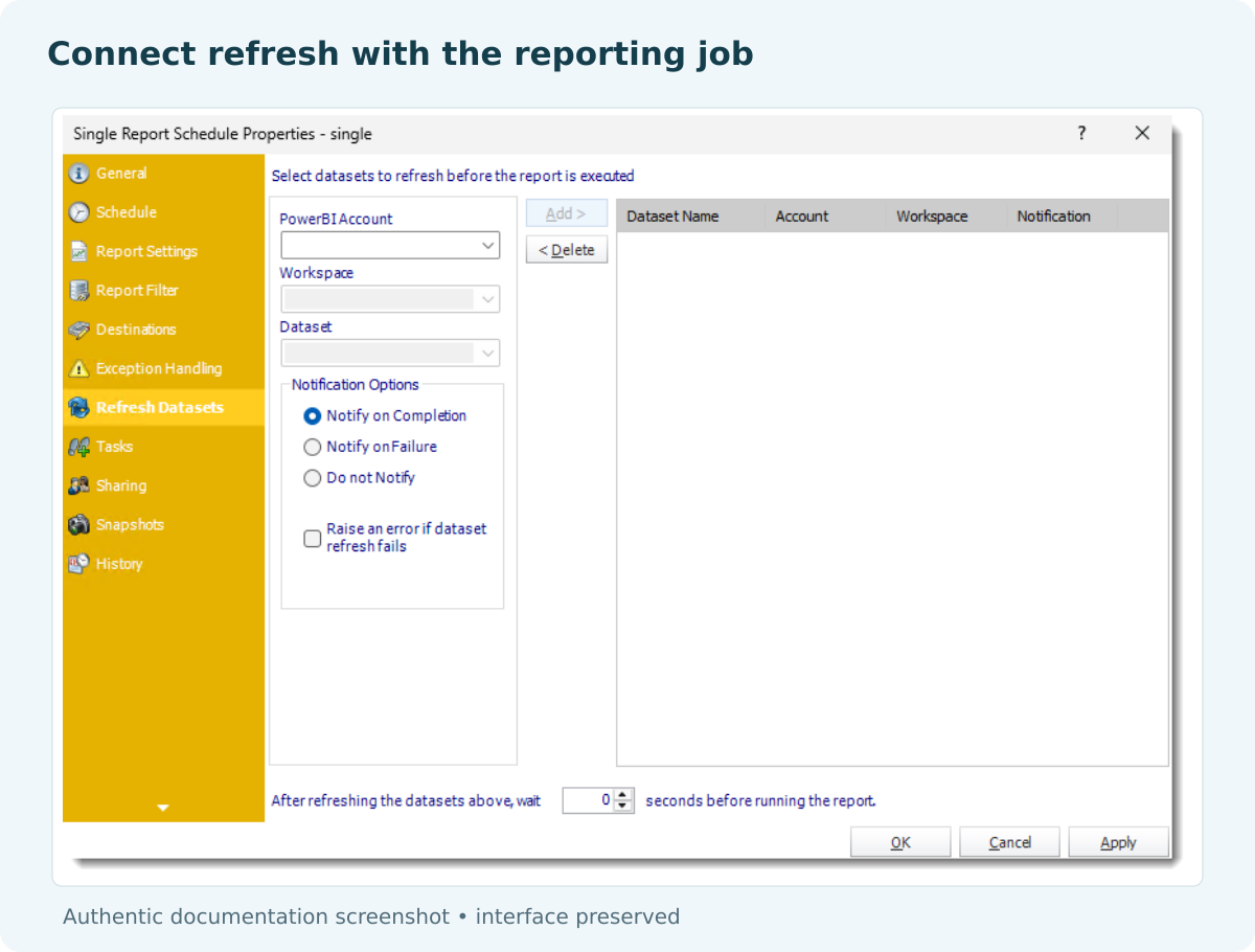 PBRS Refresh Datasets panel showing account, workspace, dataset and notification controls.