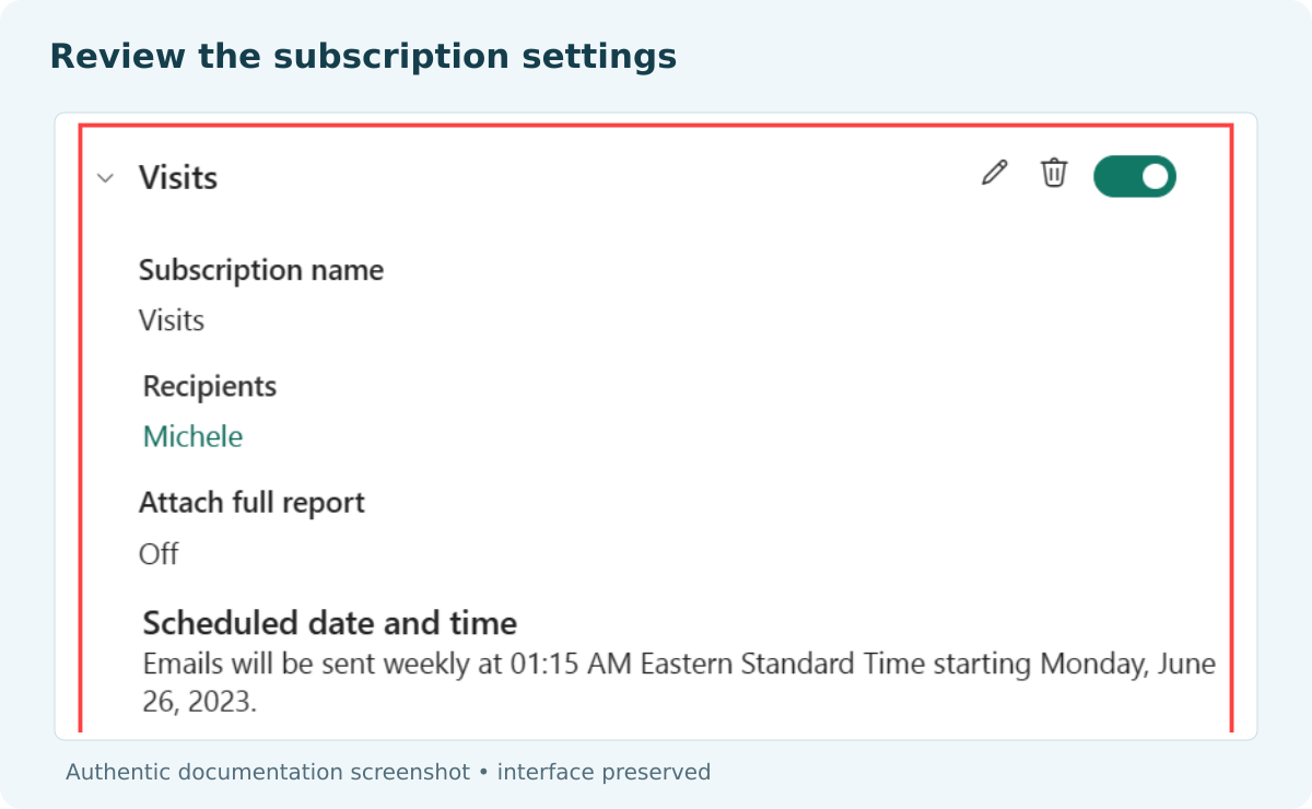 Power BI subscription details showing recipients, attachment setting and scheduled date and time.
