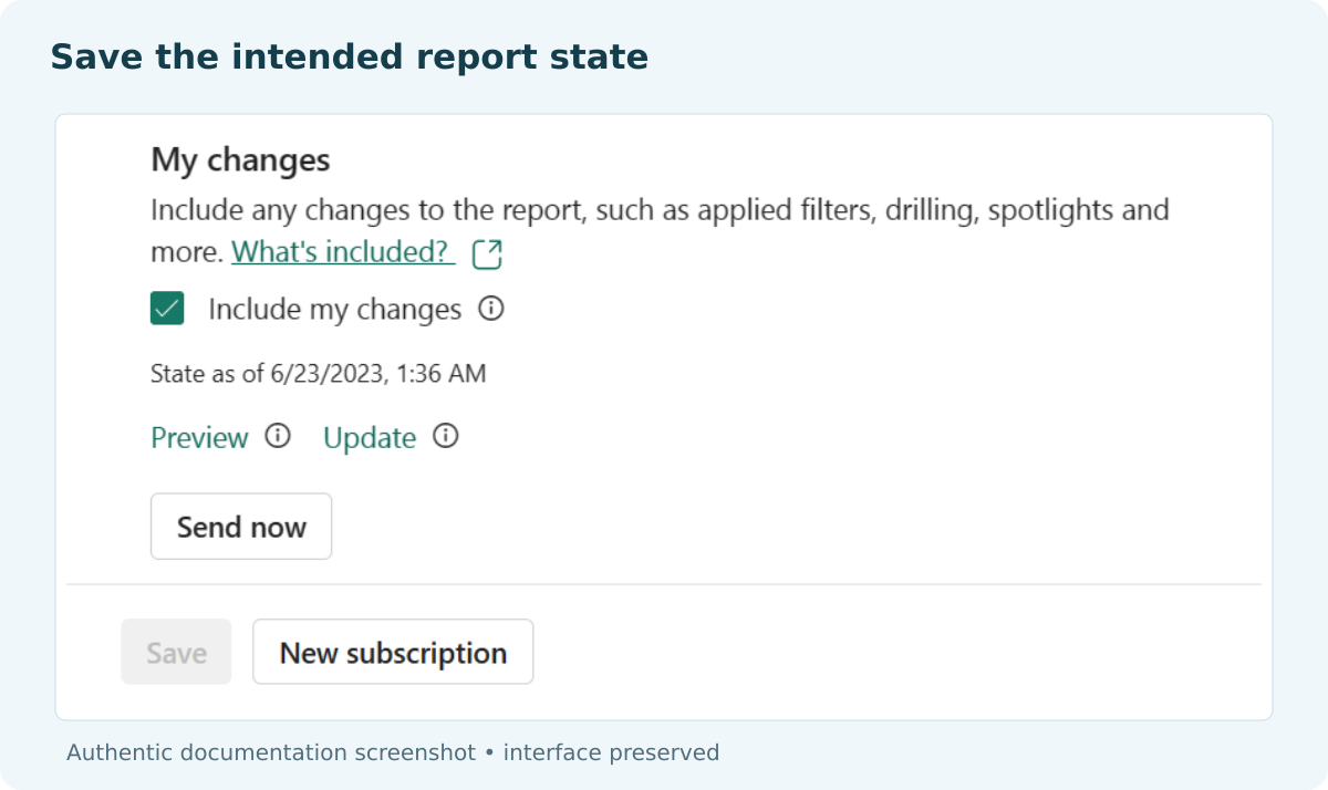 Power BI My changes section with Include my changes selected and Preview and Update controls.