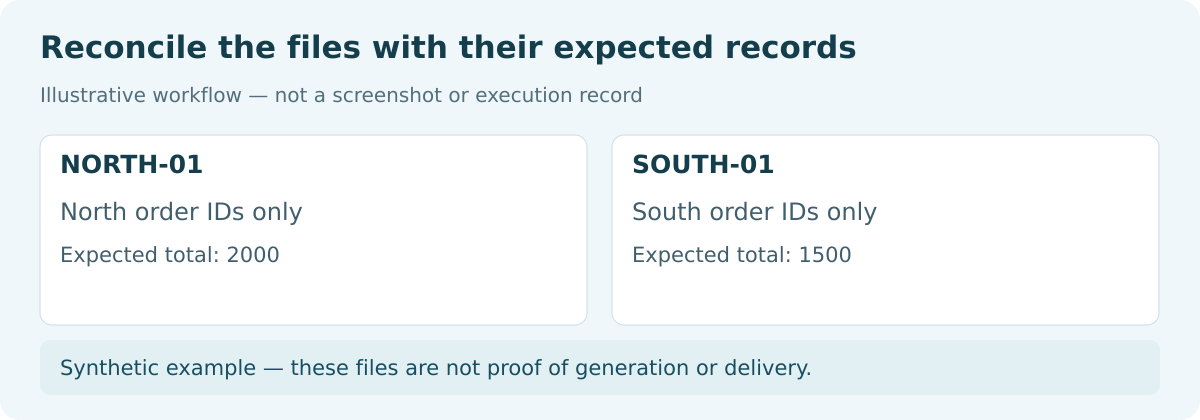 Synthetic North and South report files reconciled to their order IDs and totals of 2000 and 1500.