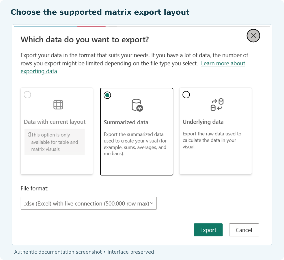 Power BI export dialog offering current layout, summarized data and underlying data.