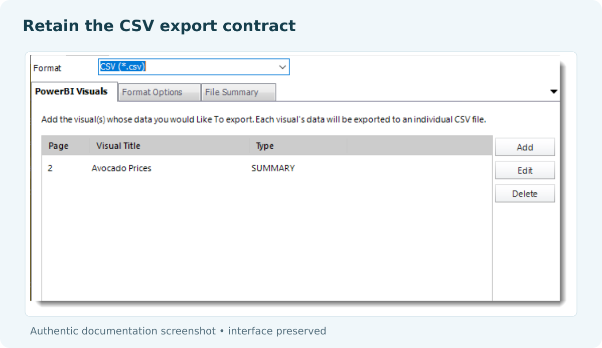 PBRS CSV format controls showing selected visual data.