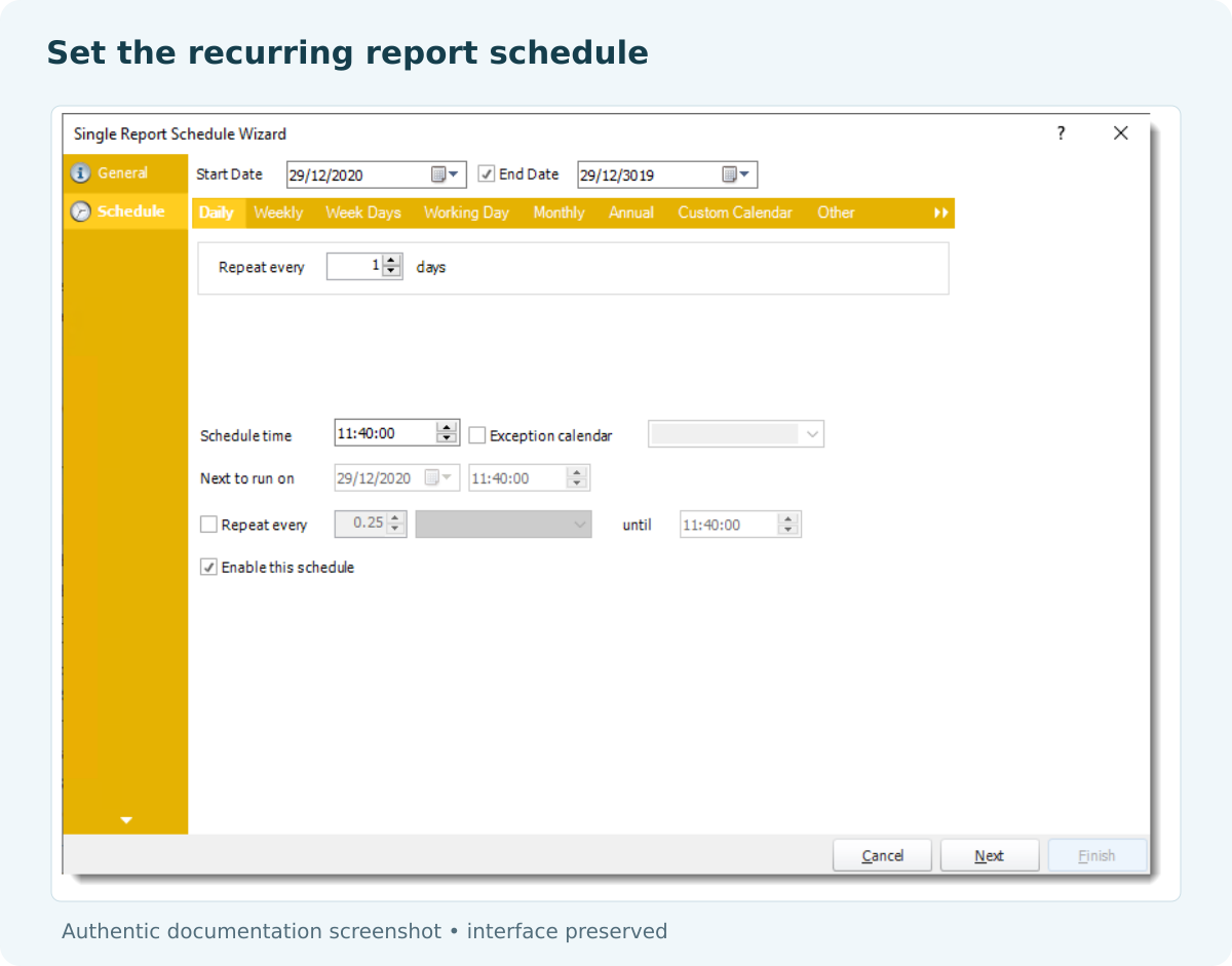 PBRS Power BI schedule wizard showing the available schedule controls.