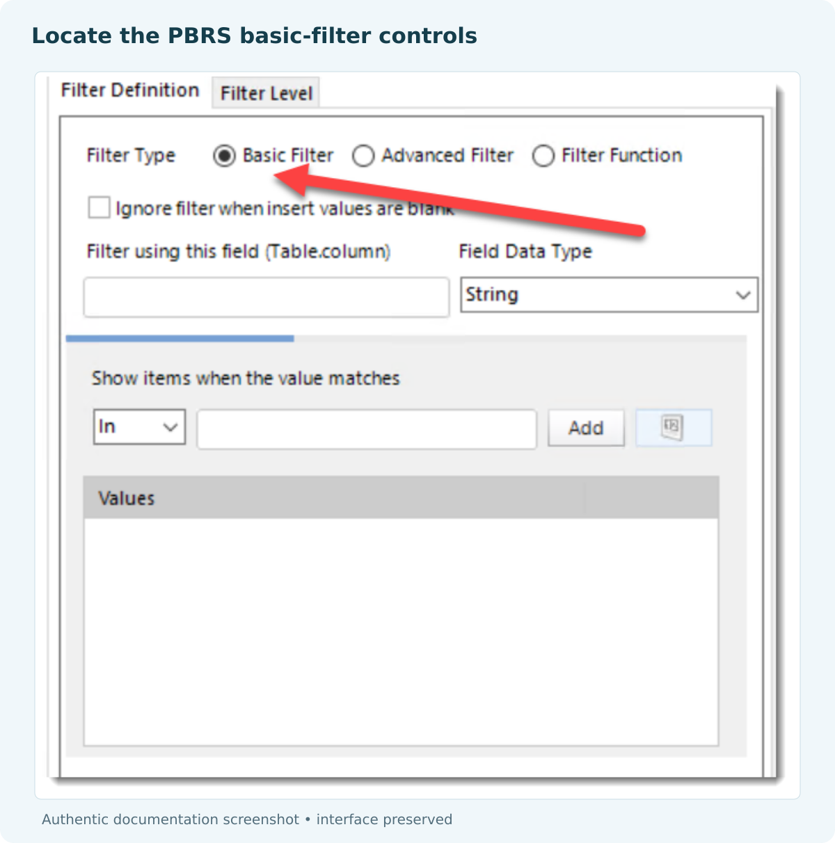 PBRS Basic Filter dialog with field, String data type, In operator and values controls.