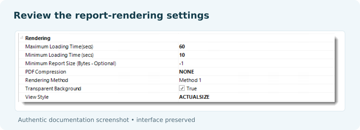 PBRS rendering settings listing loading time, PDF compression, Rendering Method and View Style.