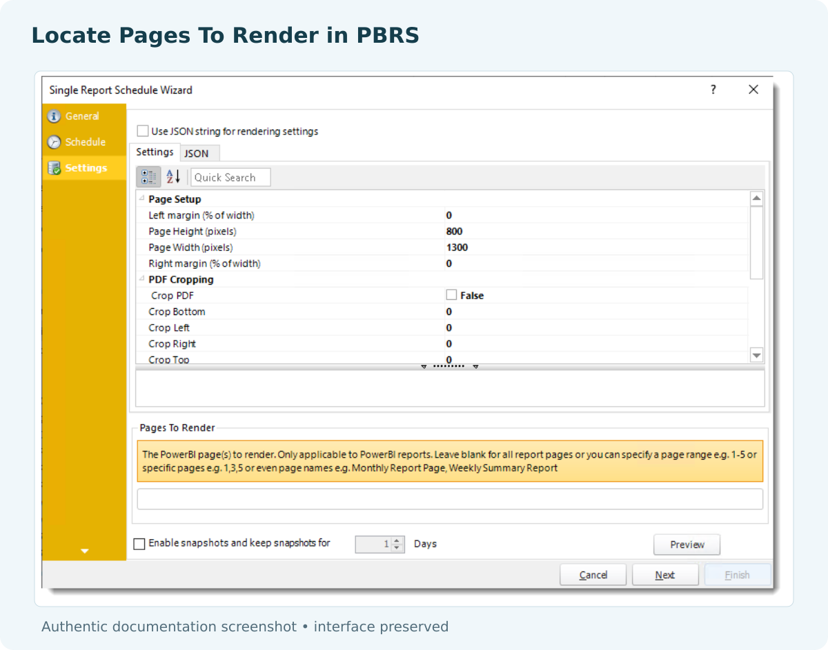 PBRS report settings wizard showing the Pages To Render field below rendering settings.