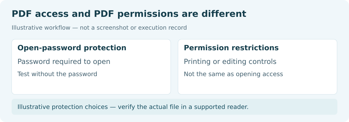 PDF open-password protection compared with printing and editing permission restrictions.
