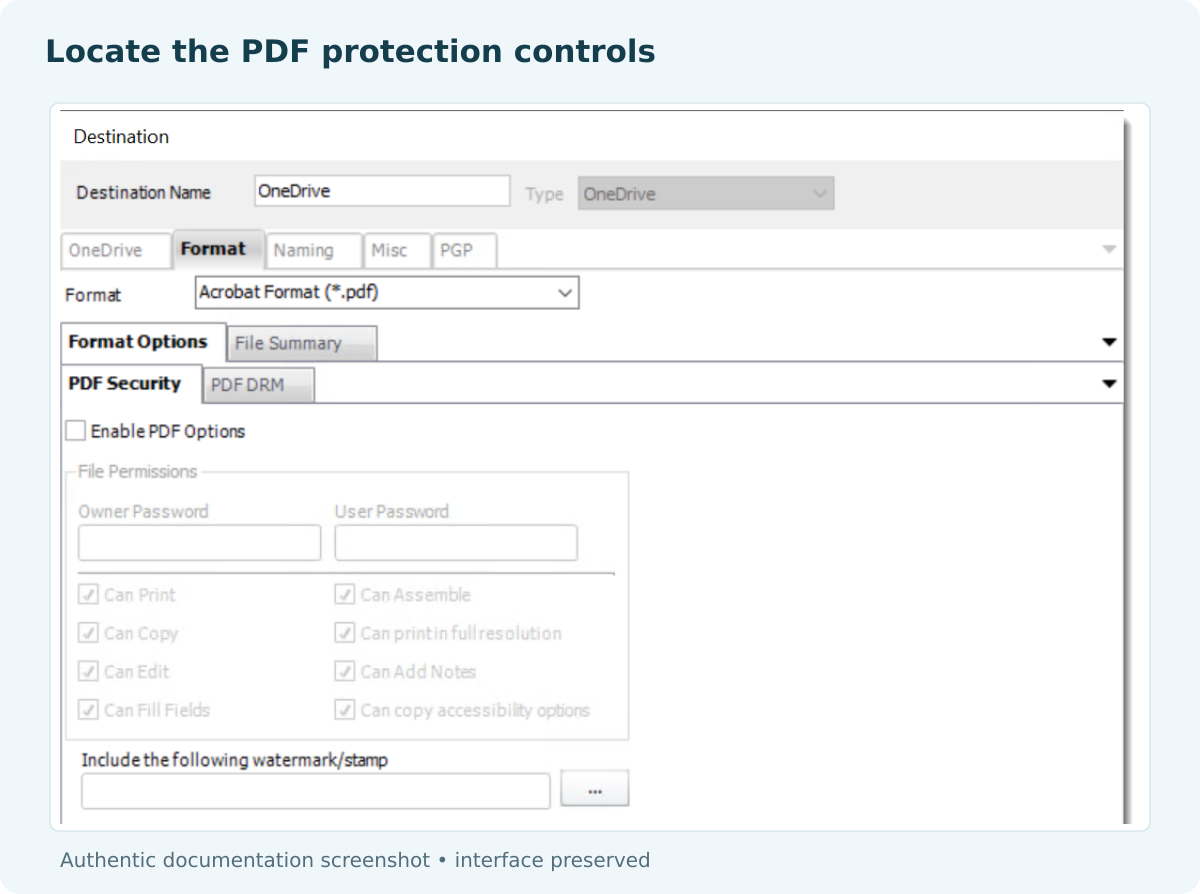 PBRS PDF Security controls with Enable PDF Options unchecked and disabled password and permission fields.