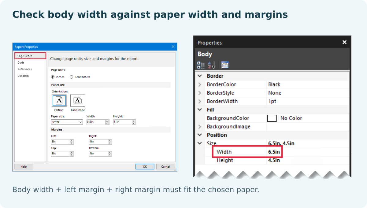 Report Builder page setup and body width properties from Microsoft documentation.