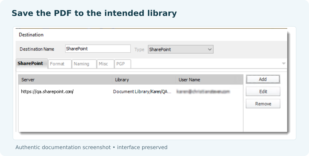 PBRS SharePoint destination example showing server, library and user fields.
