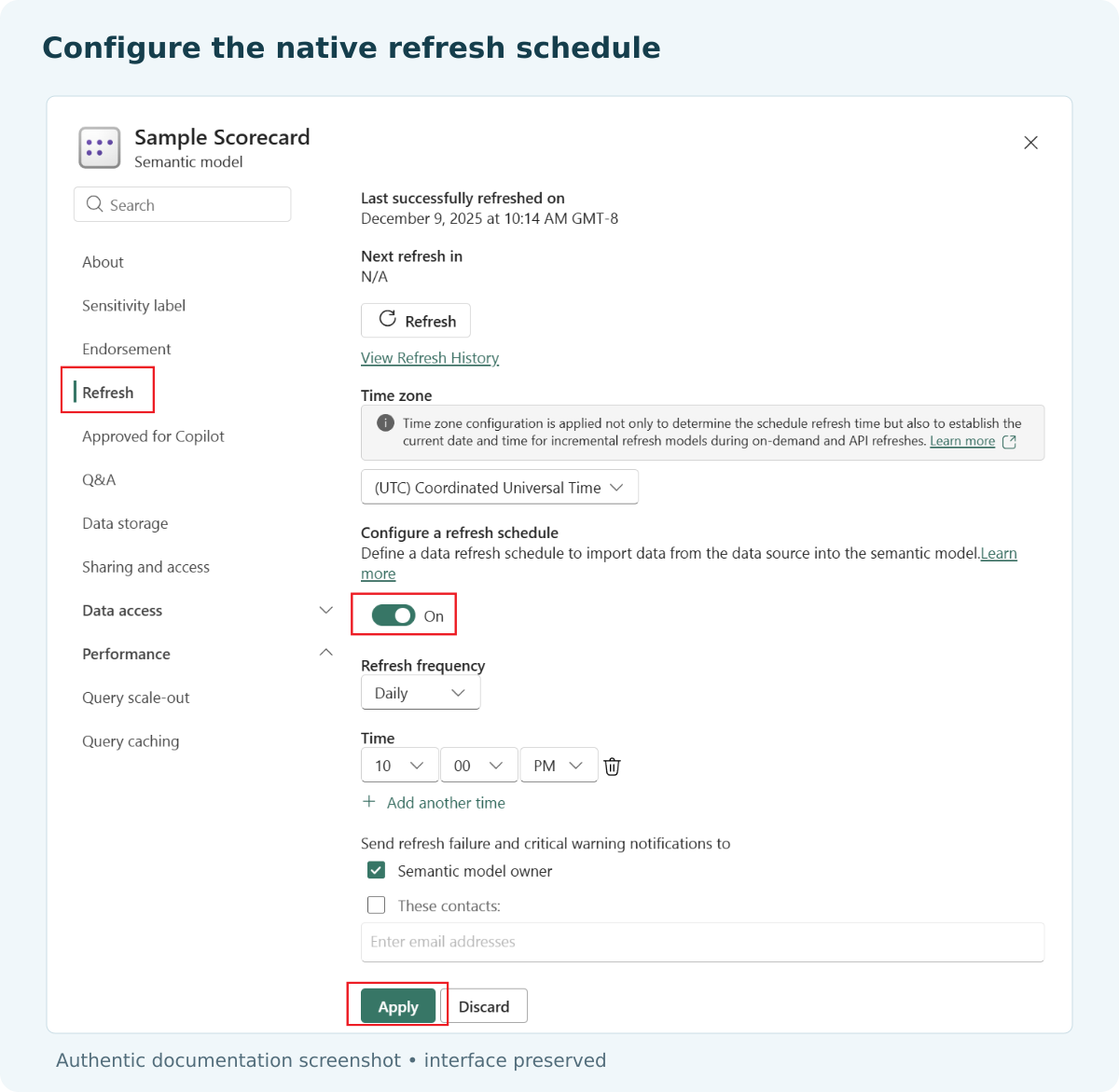 Power BI semantic-model refresh settings showing the time zone, frequency and time slots.