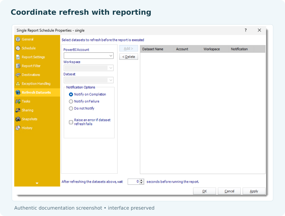 PBRS Refresh Datasets panel in the report-schedule workflow.