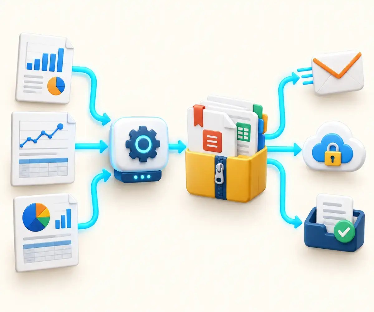 Multiple reports flow through PBRS, are assembled into one secure Power BI report package and delivered by email or cloud storage.