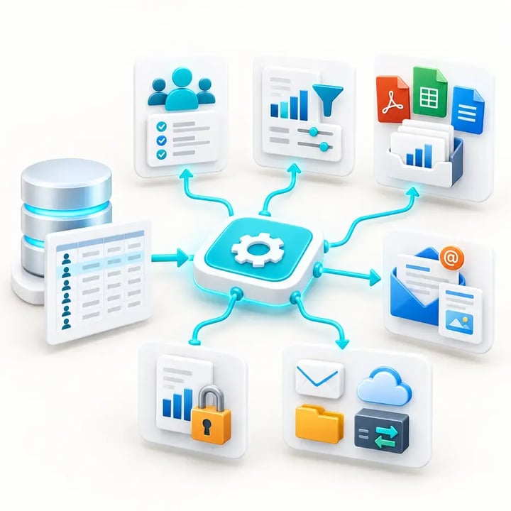 Recipient data flows through one PBRS automation hub to control report filters, formats, messages, security and delivery destinations.