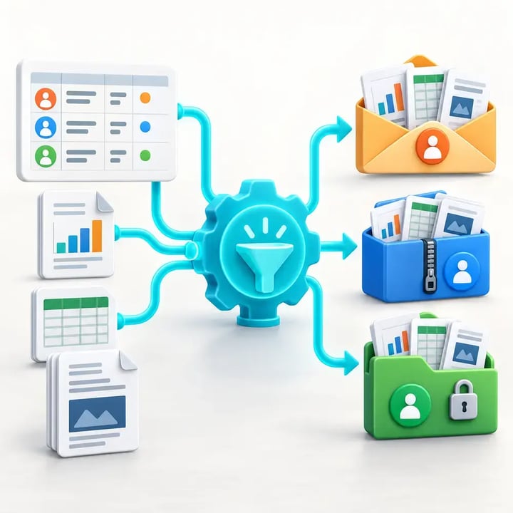 Recipient data and multiple source reports flow through PBRS to create separate personalized multi-report packages.