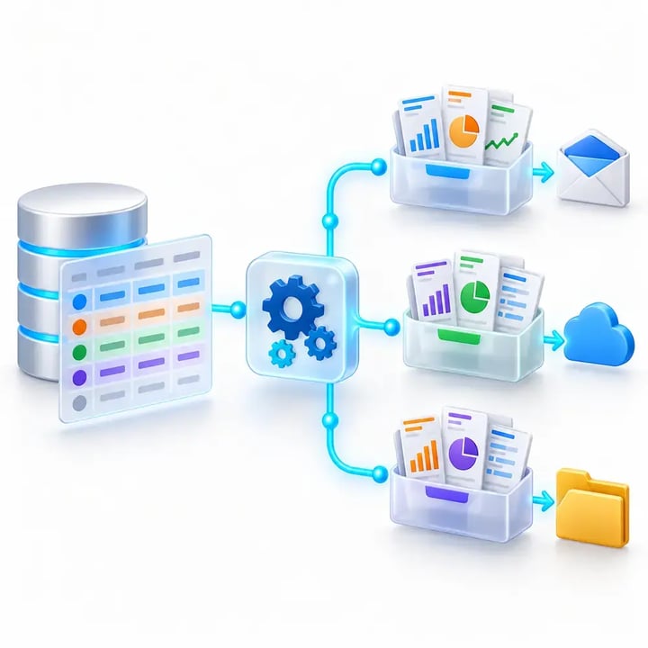 Structured data directs PBRS to create personalized multi-report packages and deliver each one to its assigned destination.