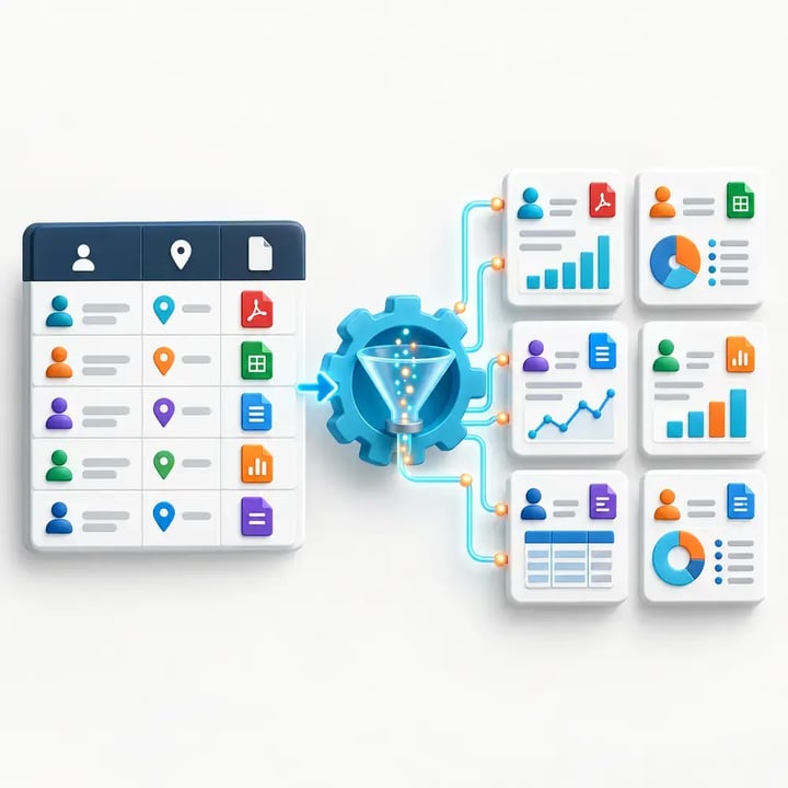 A data-driver table supplies recipient, filter and format rules that PBRS converts into multiple personalized report outputs.