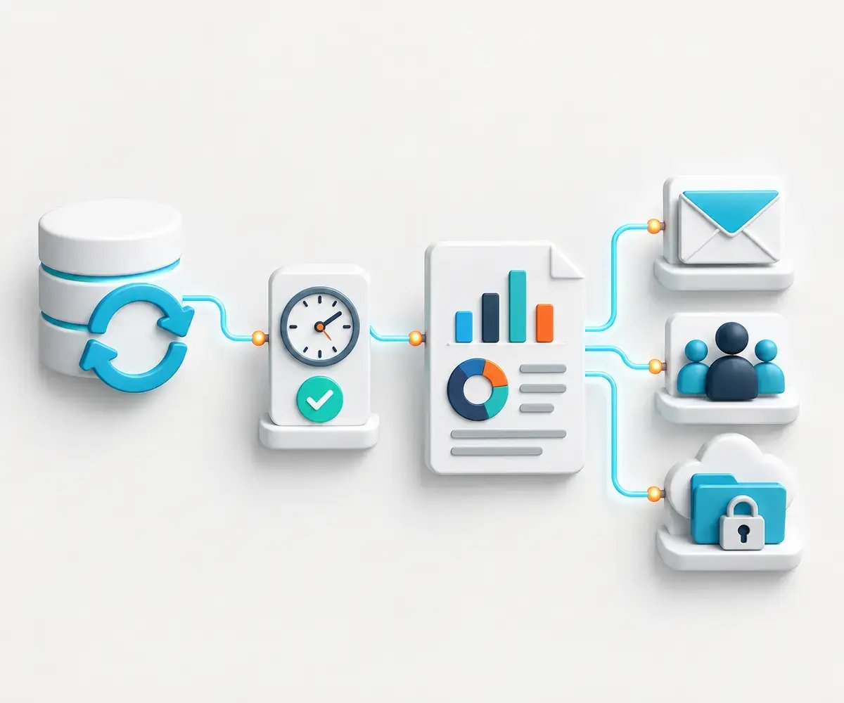 PBRS refreshes a Power BI dataset, waits for completion, then generates and delivers the updated report to recipients and secure cloud storage.