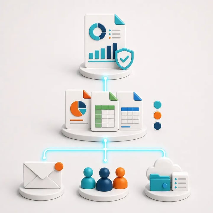 PBRS distributes individual Power BI reports and complete report packages in multiple formats to recipients, cloud storage and secure destinations.