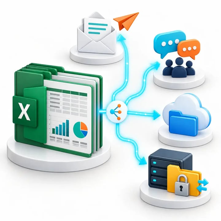 PBRS automatically delivers Excel workbooks to email, collaboration platforms, cloud storage and secure folders.